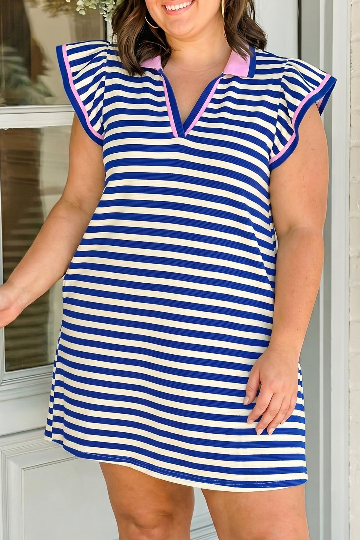 Blue stripe ruffle sleeve dress