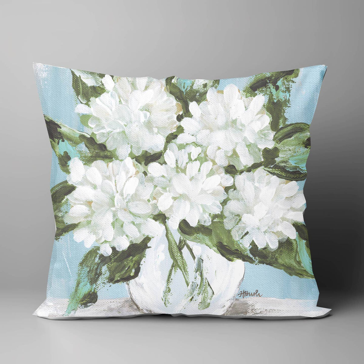 White Hydrangeas Blue Pillow
