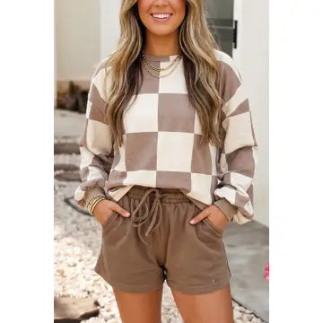 Khaki Plaid Colorblock Long Sleeve Two Piece Shorts Set