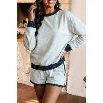 Polka Dot Patchwork Mock Neck Pullover Casual Shorts Set