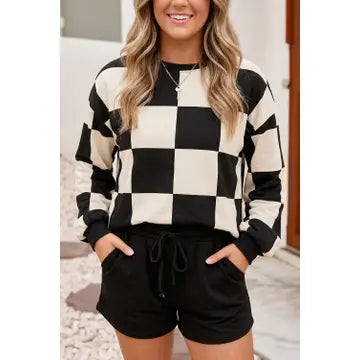 Black Plaid Colorblock Long Sleeve Two Piece Shorts Set