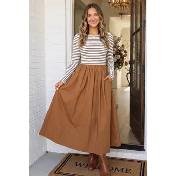 Striped Ribbed Knit High Waist Midi Dress