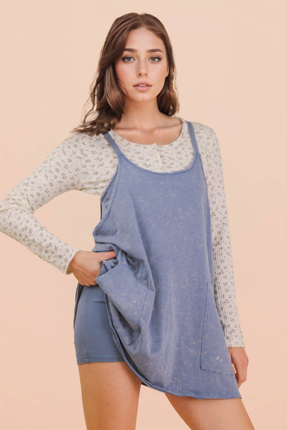 Mineral Washed Knit Mini Dress with Shorts Inside 
