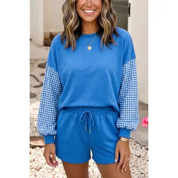 Plaid Patchwork Long Sleeve Top and Shorts Set Blue