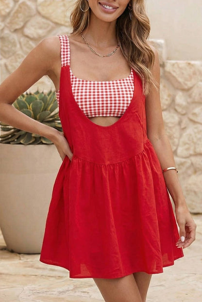 Two Piece Gingham Contrast Patchwork Loose Mini Dress