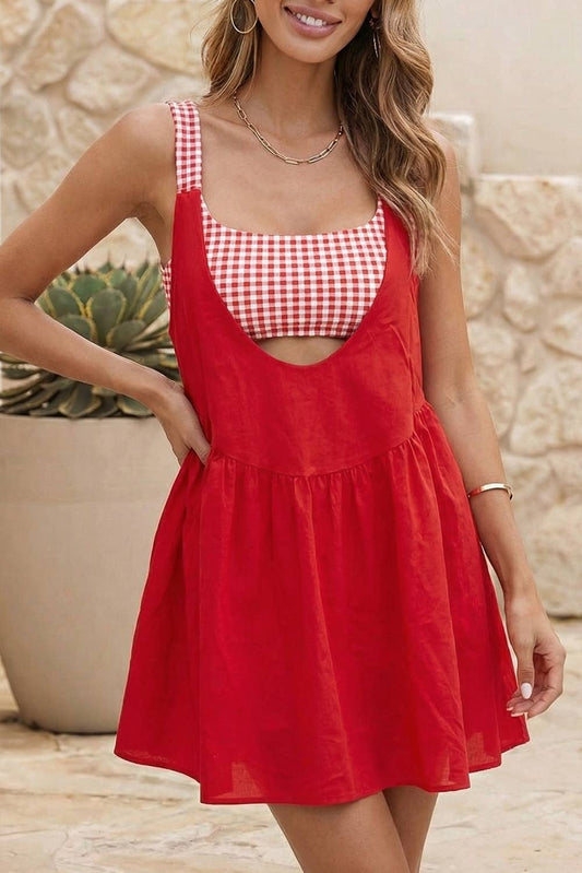 Two Piece Gingham Contrast Patchwork Loose Mini Dress