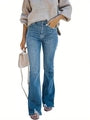 Women's High Waisted Flare Jeans Washed Blue Slim Fit Denim Pants With Frayed Hem