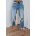 Women High Stretch Ripped Skinny Jeans Distressed Raw Hem Cropped Denim Pants