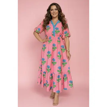 LALA LOO Plus Size Floral Stripe V-Neck Ruffle Maxi Dress