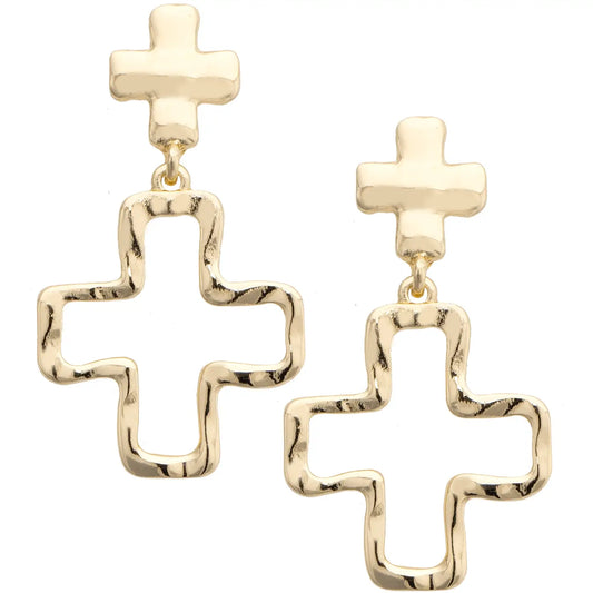 Haley Hammered Double Cross Drop Earrings in Shiny Gold