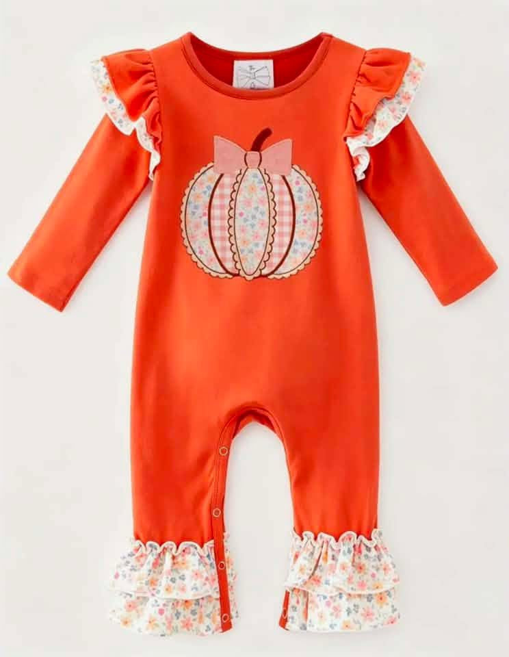 Pumpkin spice ruffle sleeve romper