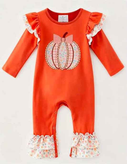 Pumpkin spice ruffle sleeve romper