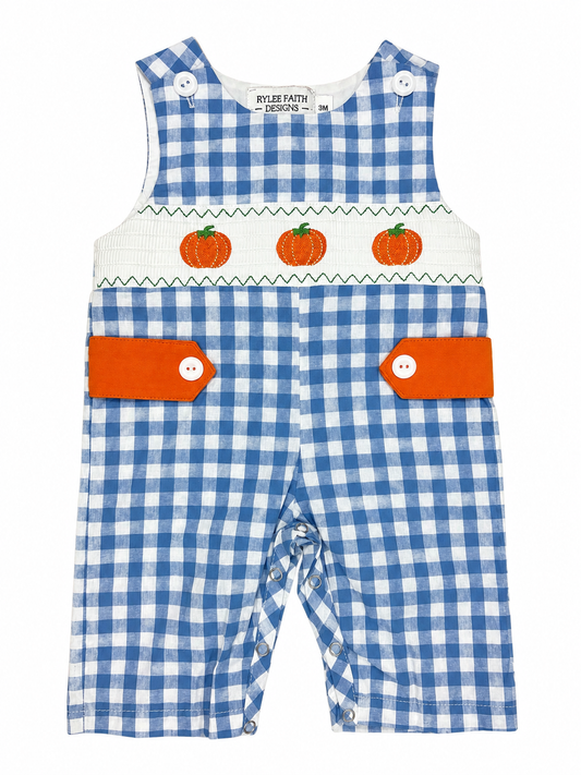 Blue Gingham Smocked Pumpkin Romper