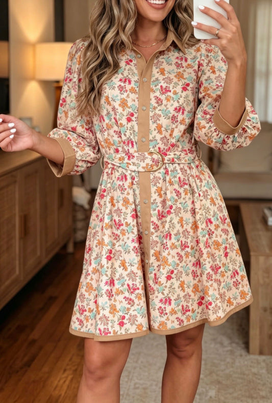Brown Floral Belt Dress