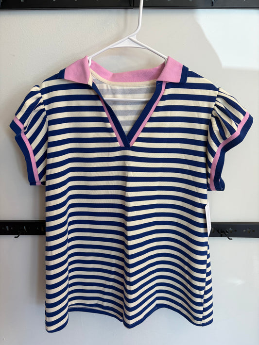Blue Stripe Ruffle Sleeve