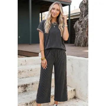Autumn Leopard Patchwork Edge Rib T Shirt and Crop Pants Set