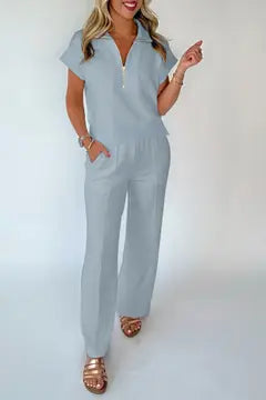 Fashion Half Zip Polo Tee Casual Pant Set