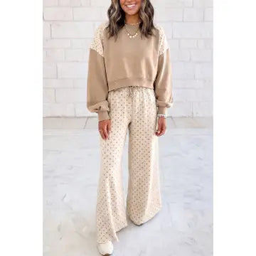 Polka Dot Patchwork Long Sleeve Casual Two Piece Set