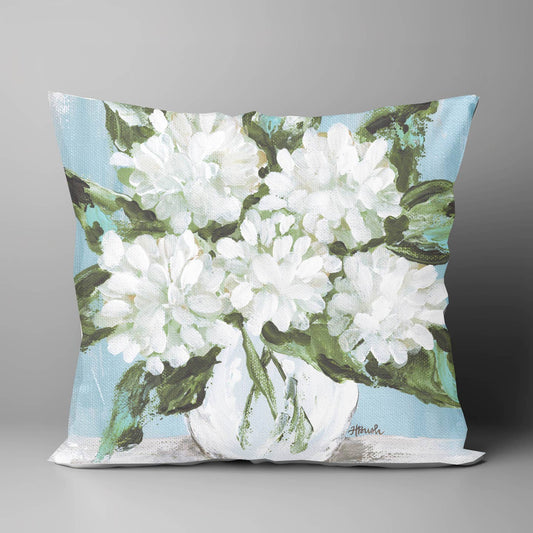 White Hydrangeas Blue Pillow