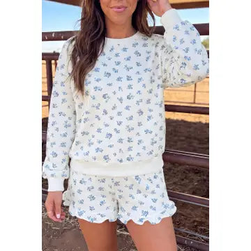 Floral Top Elastic Waist Ruffle Hem Shorts  Set