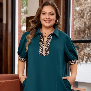 LALA LOO Plus Size Leopard Patchwork Quarter Zip Mini Dress