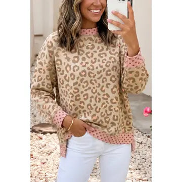 Polka Dot Colorblock Leopard Long Sleeve Shirt